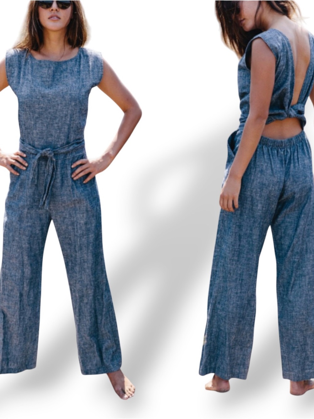 OZMA of California Hemp Cotton Tie Back Jumpsuit Denim Blue Sleeveless NWT S